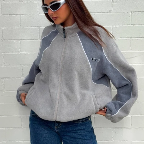 Rusty Two Tides Zip Through Sherpa Fleece Grey/Atlantic Blue, Size: 8 - Womens - Outerwear - Universal Store
