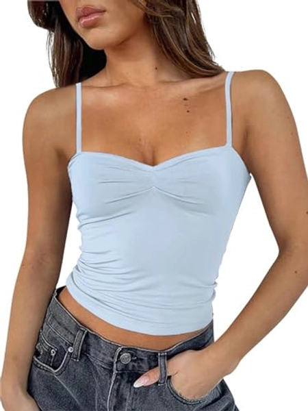 ForeFair Women Y2K Sweetheart Neck Sleeveless Crop Tank Tops Backless Spaghetti Strap Pleated Bustier Camis Going Out Top(S,Baby Blue)