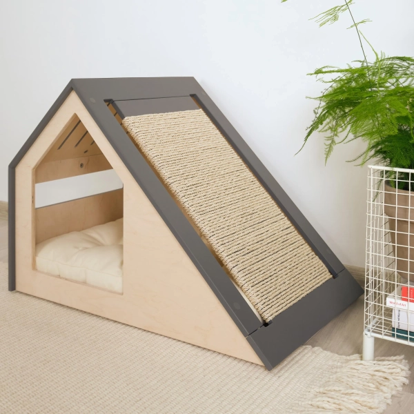 Modern cat house with changeable scratcher/cat bed/cat pillow/wooden cat house/cat kenne/cat furniture/cat cave/cat scratching