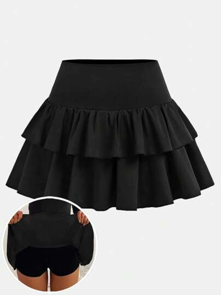 SHEIN Girlism Teen Girls Casual, Sports, Preppy, Back To School, Black Layered Ruffle Hem Cake Tutu Skirt Shorts Skirt, Spring And Summer