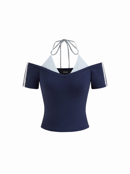 Halter Neckline Lace Trim Two Tone Tee