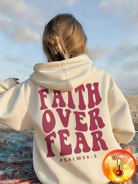 1pc Tween Girl Casual Printed Pullover Hoodie Sweatshirt, Thermal Lined, Long Sleeve, Autumn/Winter - Designed For The Adventurous Young Spirit, With The Message "Faith Conquers Fear"