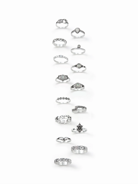 15PCS GEMSTONE & RHINESTONE & FLOWER & TWISTED RING SET