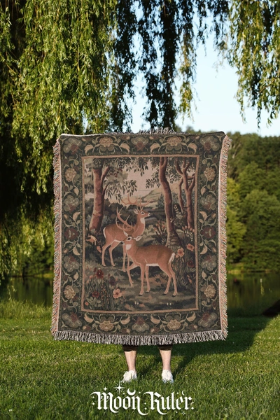 Mystic Woodland Deer Woven Blanket Vintage Folk Art Tapestry Woodland Floral Design Tapestry Nordic Fairycore Romantic Woven Tapestry Throw