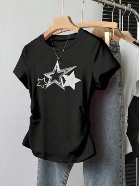 Tween Girls Casual Metallic Speckled Star Graphic Short Sleeve T-Shirt, Edgy Style Summer Holiday