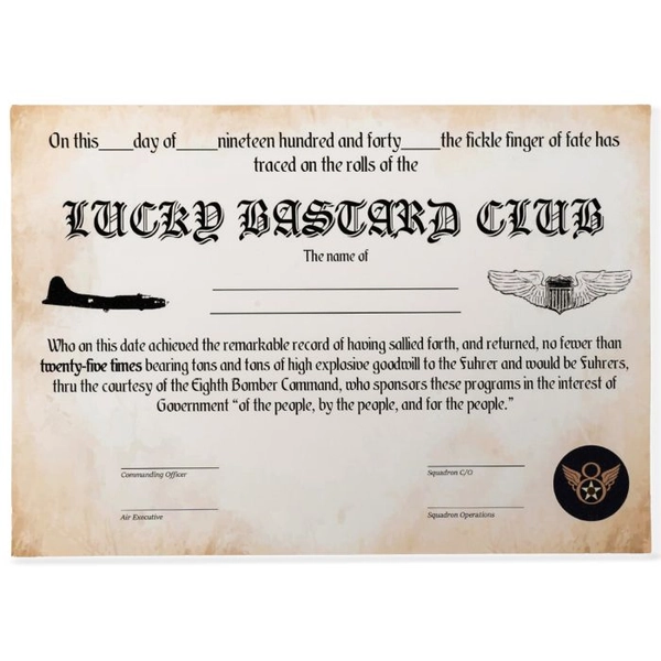 Lucky Bastard Club Certificate