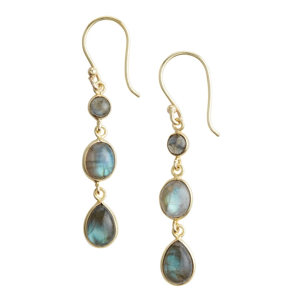 Gold And Semiprecious Labradorite Three Tier Dangle Earrings