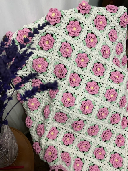 Crochet Blanket, Handmade 3D Crochet Rose Afghan, Granny Square Rose Bedspread, Knit Flower Throw - Primary color: Pink
