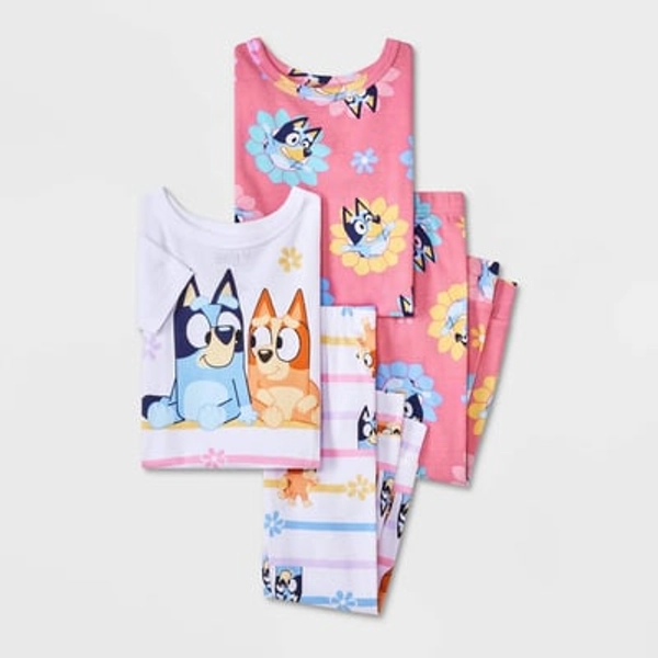 Toddler Girls' 4pc Snug Fit Cotton Bluey Pajama Set - White 18M: Crew Neck, Pullover, 100% Cotton