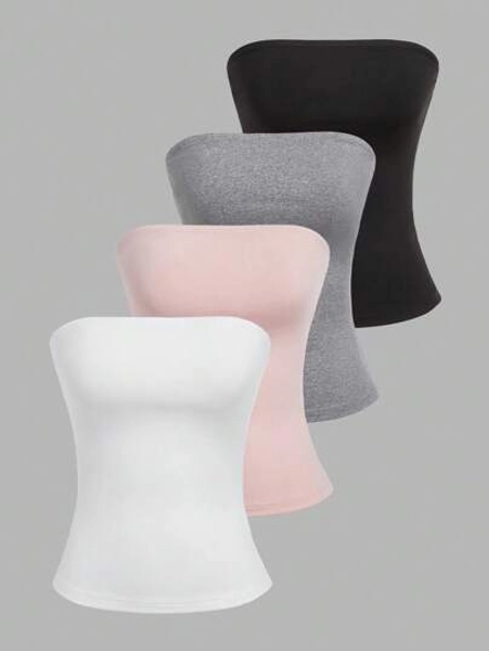 SHEIN EZwear 4pcs Women Solid Color Fitted Camisole Tops, Suitable For Summer Tube Top