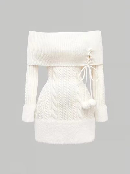 womens elegant shoulder plush ball pendant sweater dress   - Temu