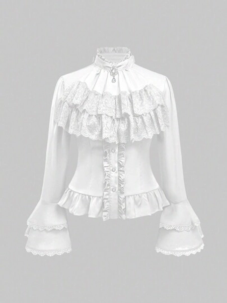 ROMWE Vintage Gothic Palace Style Detachable Ruffled Bow Tie, Baroque Gem Pendant, Trumpet Ruffled Sleeve, Cinched Waist Women Blouse - Size M