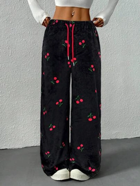 SHEIN EZwear Women's Black Cherry Pattern Front Tie Casual Loose Pants
