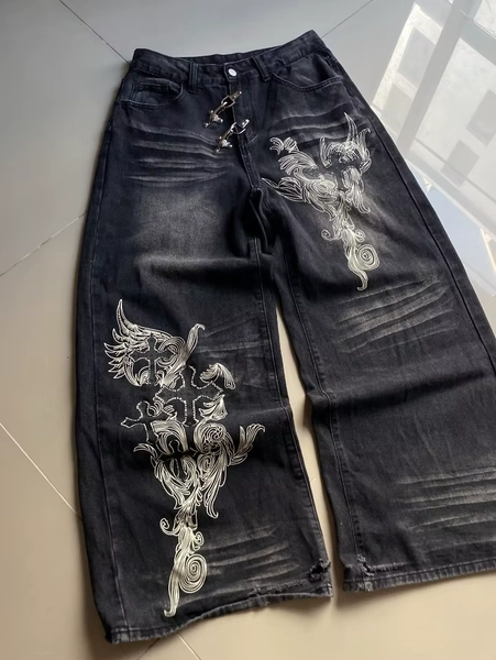 Mens Y2K Gothic Baggy Jeans Black Harajuku Hip Hop Wide Leg Vintage Pants