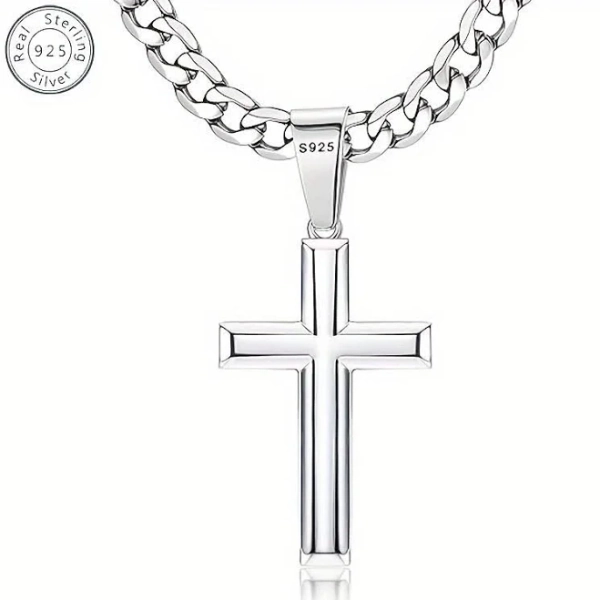 Sterling Silver Cross Pendant Necklace with Stainless Steel Cuban Link Chain