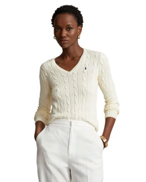 Women's Cable Knit Cotton V Neck Sweater
