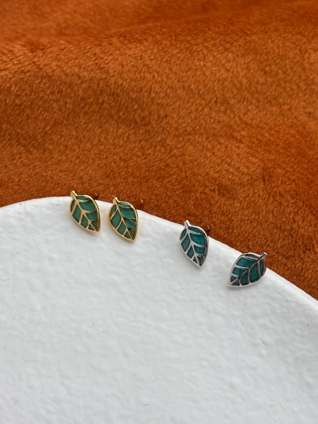 Fav Mini Green Leaf Stud Earrings, Cute Golden Plant Earrings, Enamel Glaze Jewelry, Dainty Sterling Silver Jewellery, 14K Gold Plated Studs