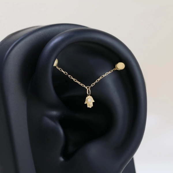 14K Solid Gold Hamsa Hand Moissanite Chain Gemstone Dangle Helix Chain Attachment Dainty Cartilage Ear Jacket Evil Eye Diamond Look Jewelry