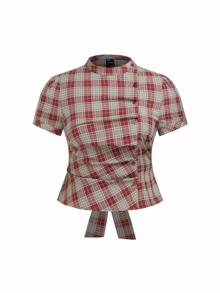 Plaid Stand Collar Puff Sleeve Tie Back Button Blouse Curve & Plus