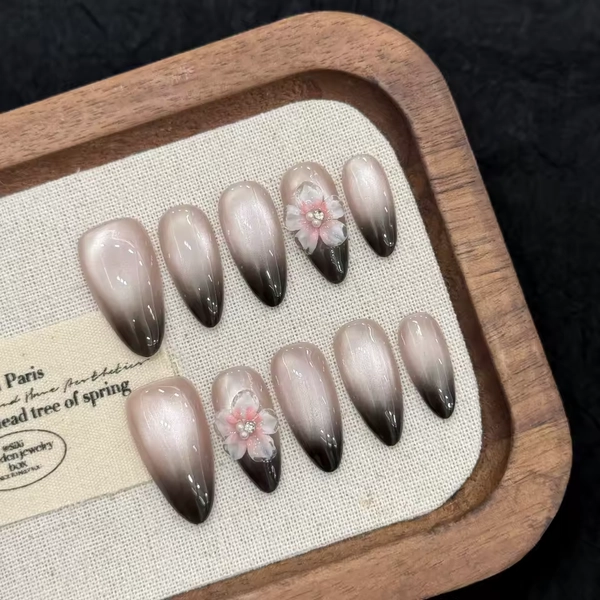 10 PCS Luxury Handmade Press on Nails Almond Stereoscopic ice flower Design with 3-PIECE Tool Adhesive Nail Glue Tabs