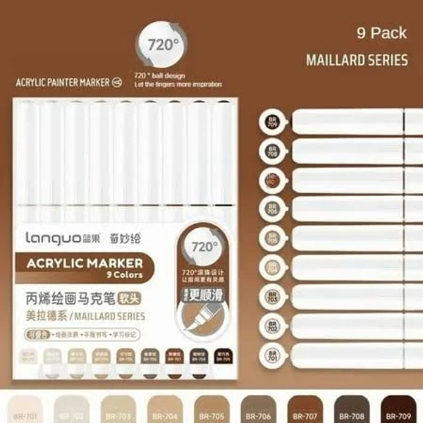 9 Colors Direct Liquid Acrylic Marker Soft Brush Paint Pen For Manga Graffiti Crafts Art Stationery, Maillard Series