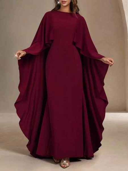 Women's Elegant Red Valentine's Day Cape Sleeve Cinched Waist Fitted Mermaid Dress - Suitable For Valentine's Day Date, Formal Party, Gala Spring - Size S
