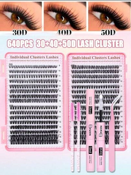 640pcs D Curl, Lash Clusters - Lash Clusters Kit Lash Extension Kit Lash Bond And Seal Cluster Eyelash Extensions Eye Lash Clusters Eyelash Extension Kit DIY At Home False Eyelashes Lash Clusters Kit,Lashes,Eyelashes,Fake Lashes