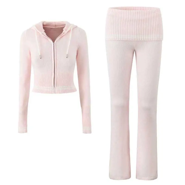 pink Zip Up 2 piece sets womens outfits long sleeve V-neck hooded cropped cardigan Knit Pants Women autumn winter Matching Sets - AliExpress 200000345
