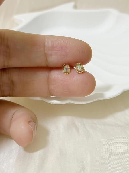 Opal Baguette Stud Earrings • Dainty Gold Framed Earrings • Minimalist October Birthstone Jewelry • Gift for Her