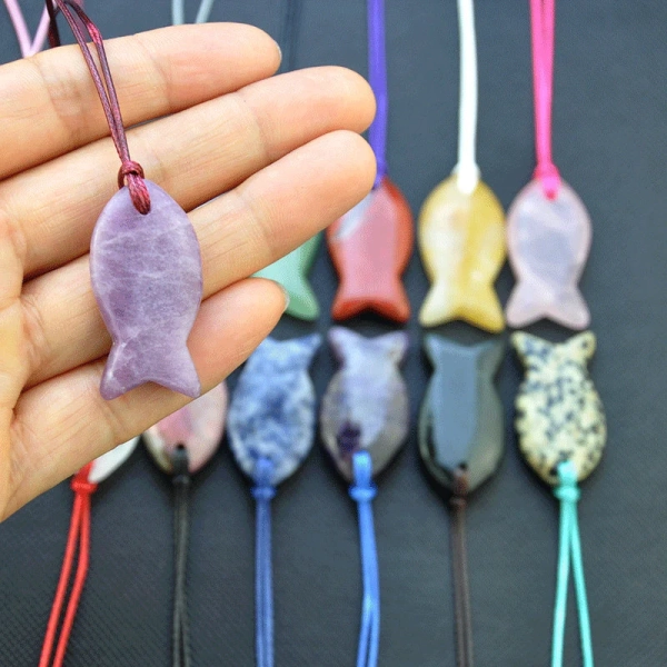 Nature Carved gemstone fish Cord Necklace