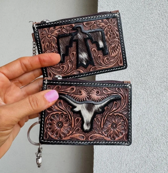 Thunderbird or Longhorn Hand Tooled Card Case | Punchy | Hand Tooled | Yallternative | Western | Cowhide | Custom Branding |
