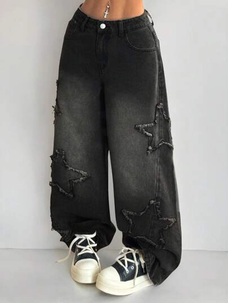 Coolane Women's Rapper Athleisure Grunge Star Pattern Washed Jeans