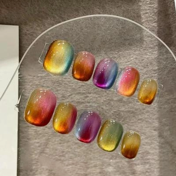 Handmade Candy Cat Eye Press On Nails: Reusable Gel Faux Nails