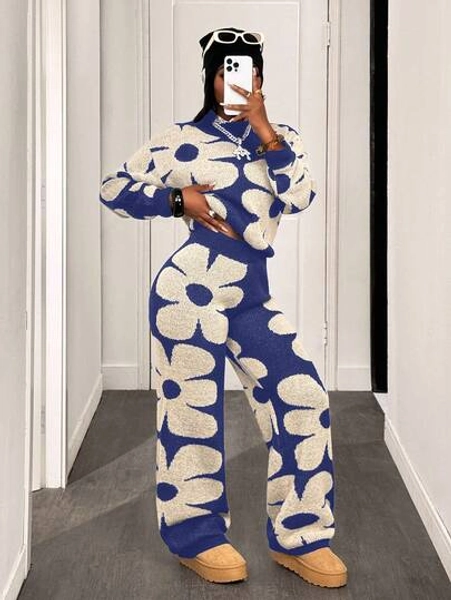 BamGleam Women Floral Pattern Drop Shoulder Long Sleeve Sweater And Knit Pants Casual 2 Pieces Set, Autumn/Winter