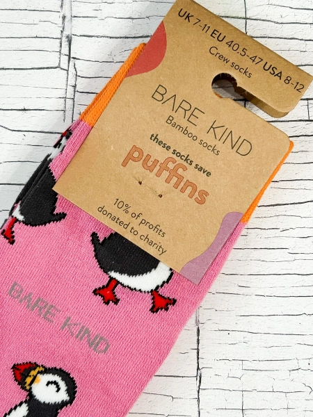 Puffin Bamboo Socks: Pink Crew Socks, Adult Size 7-11