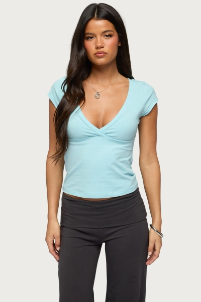 Penelopy Overlap V Neck T Shirt - LIGHT-BLUE / XS
