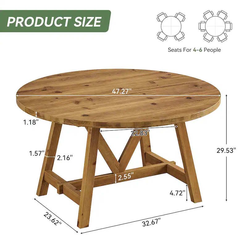 Solid Wood Dining Table, 63" Farmhouse Round Kitchen Table for Dining Room