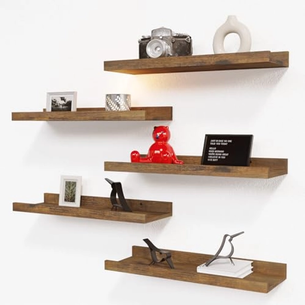 RICHER HOUSE 5 Set Floating Shelves for Wall Decor, Book Shelf, Nursery Shelves, Picture Ledge Shelf with Lip for Bedroom, Living Room, Bathroom - Brown