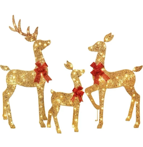 OGETFUUR 3-Piece Gold 2D Lighted Christmas Displays Deer Family Set with 145 LED Lights