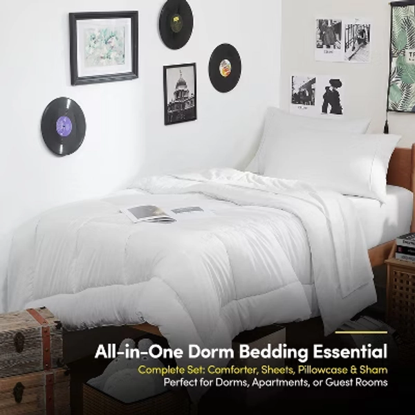 7PC Campus Ready Dorm Twin XL Bedding Bundle, Solid Comforter, Pillows and Sheet Set - White
