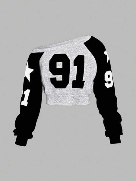 StreetHx Casual Colorblock Collegiate Numeric Graphic Oblique Shoulder Long Sleeve Sweatshirt, Autumn Fall Cloth For Women