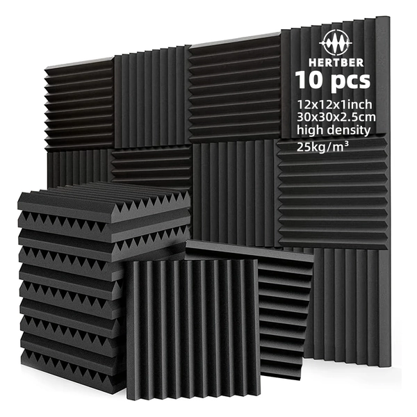 10pcs Black 12 * 12 * 1inches High Density Acoustic Foam Wedge Panel Is Suitable for Recording Room, Middle and High Frequency Sound Absorption, Home Theater Wall, Sound Absorption Board, Conference Room Office, Sound Insulation Wall Panel