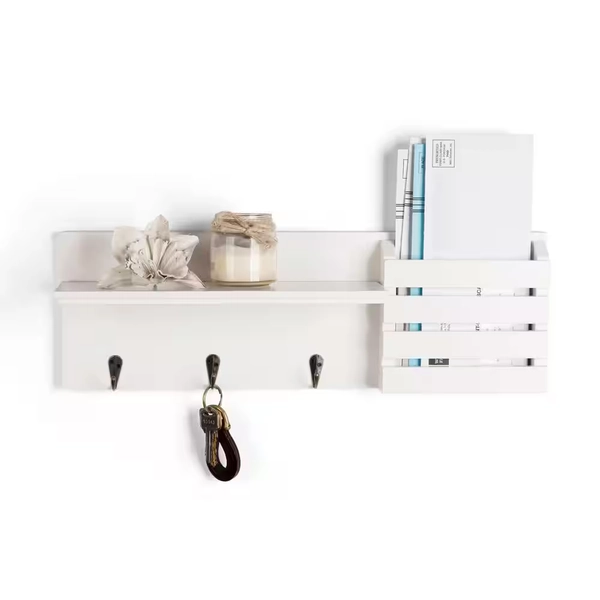 DANYA B Maison 18 in. x 4.25 in. White Utility Shelf with Pocket and Hanging Hooks
