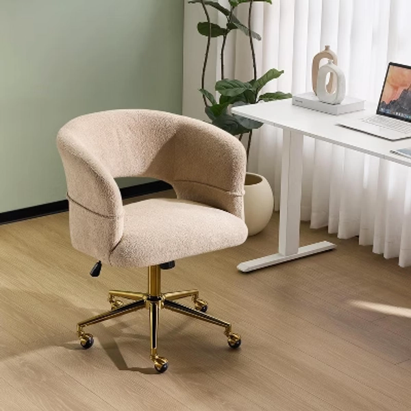 VINGLI Modern Curved Office & Vanity Desk Chair, Cute Upholstered Nail Chair with Wheels & 360° Swivel & Club & Tilting, Velvet Chenille, Khaki