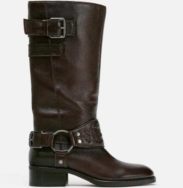 Zara Women's Embroidered Leather Flat Boots