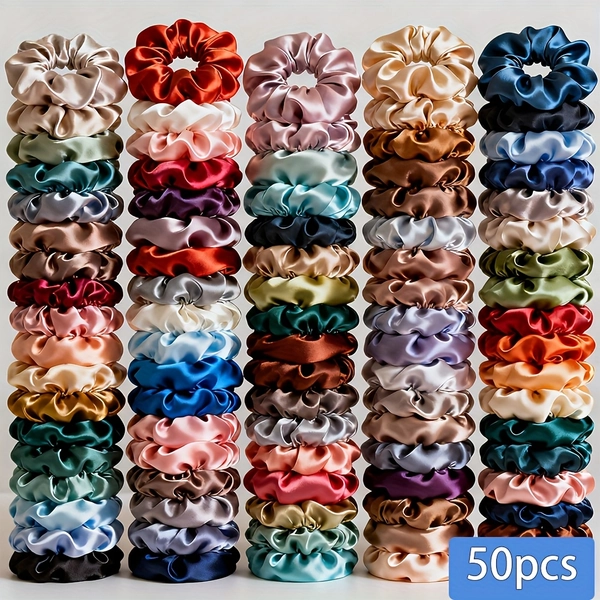 [Elegant Satin Scrunchies] 50pcs Elegant Satin Scrunchies | Pastel & Vibrant Hair Ties (Pink, Green, Purple, Orange, Red, Yellow, Brown, Teal, Navy, Light, Dark, Light Green, Dark Green, Light Purple, Dark Purple, Light Orange, Dark Orange, Light Red, Dark Red)