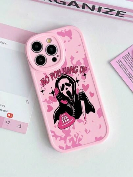 Halloween Cosplay Horror Character + Creative Funny Horror Design Skull Killer Pattern Phone Case, "NO YOU HANG UP" Slogan Personalized Phone Case, 360 Degree Protection, Waterproof TPU Anti-Drop Pink Phone Case, Compatible With IPhone Case & Galaxy Case, Phone Case, Case 17 Pro Max, Covers, Cute Phone Case, Compatible With IPhone 13, 15, 16 Pro Max, Galaxy Phone Case, Suitable As Gift Or Personal Use