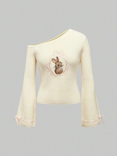 ROMWE Kawaii Sexy Off Shoulder Bowknot & Bunny Embroidered Pullover Sweater