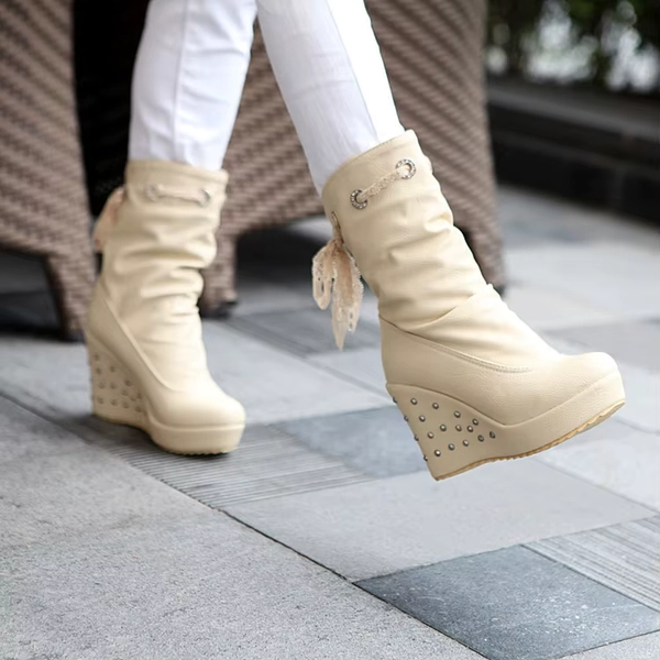 Women's Rubber Boots Luxury Designer Round Toe Wedge Shoes Rain Red Fashion High Heel Mid Calf Ladies Mid-Calf Solid - AliExpress 322