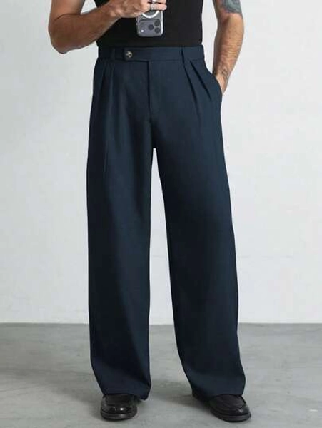 Manfinity Homme Men's Navy Blue Floral Printed Wide Leg Straight Casual Smart Casual Pants, Business Casual Relaxed Style Office Autumn - Size L
